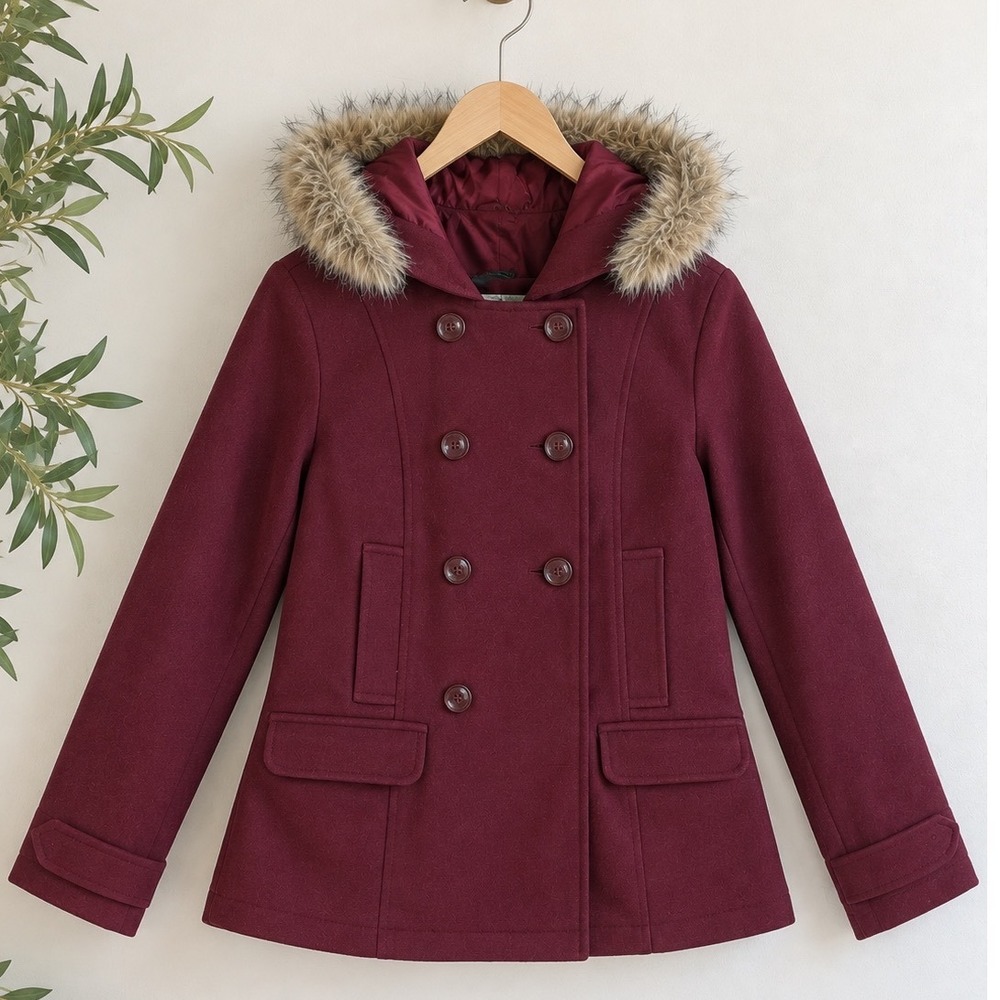 YMI Womens Burgundy Double Breasted Pea Coat Detachable Faux Fur Hood Size L
